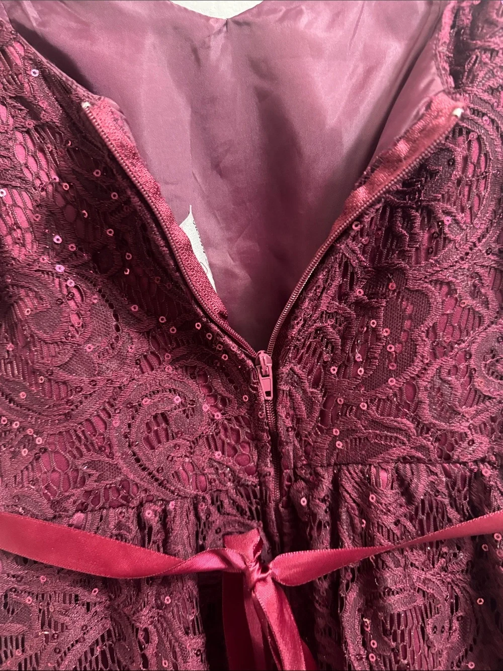Rare Editions- Girls Lace Sequined High-Low Dress with Jeweled Waist in Burgundy